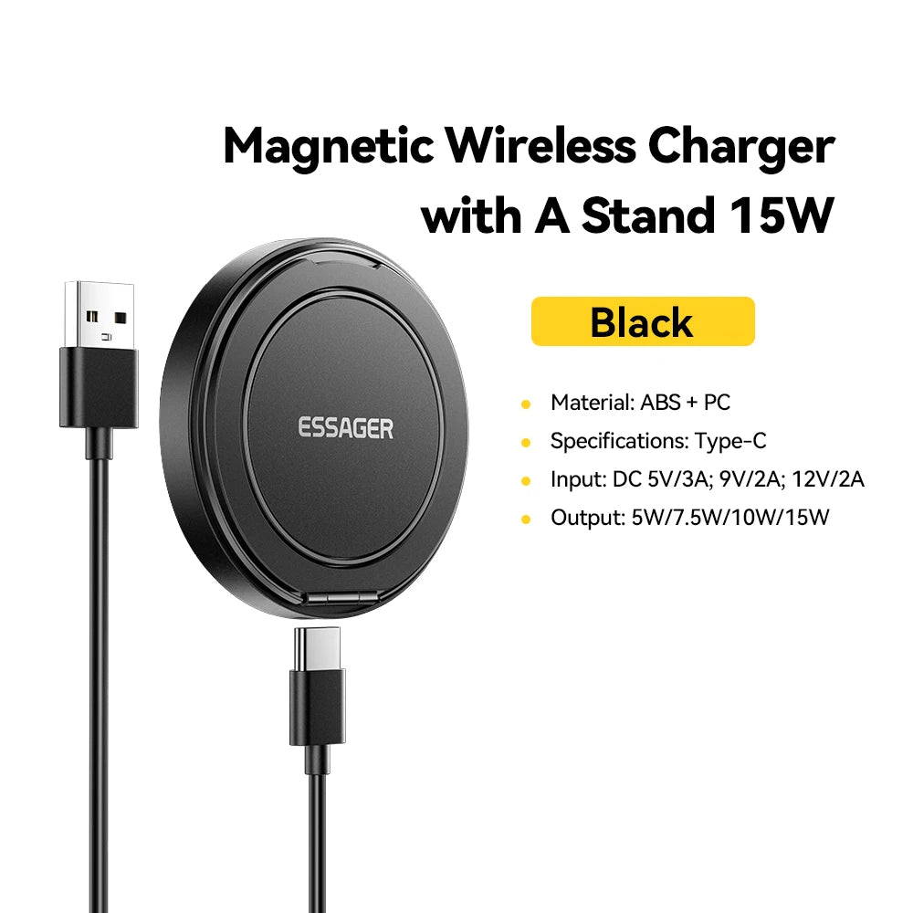 Essager Magnetic Wireless Charger With Holder 15W Fast Charging For iPhone17 16 15 14Pro Max Airpods Mini Wireless Phone Charger